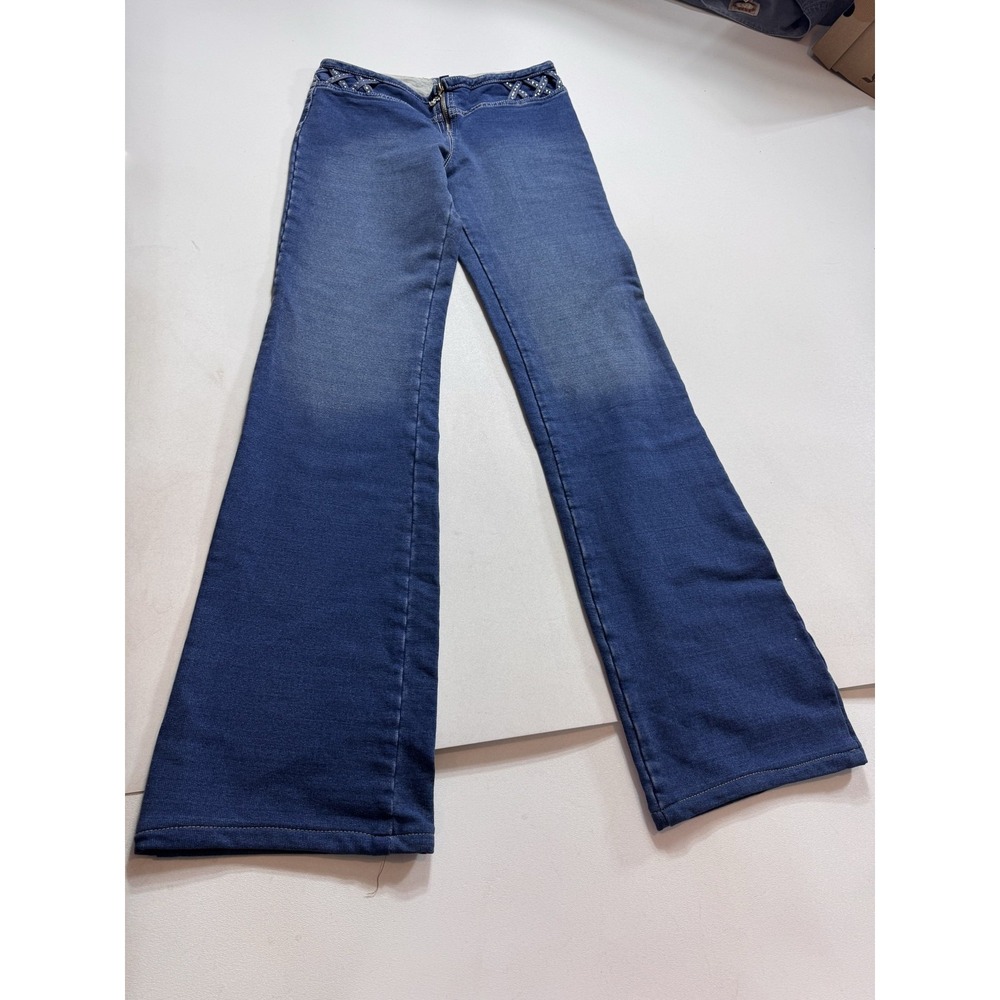 Vtg Y2K Sassy Jeans Womens 40 Blue Rhinestone Stud Waist Flare Stretch Denim